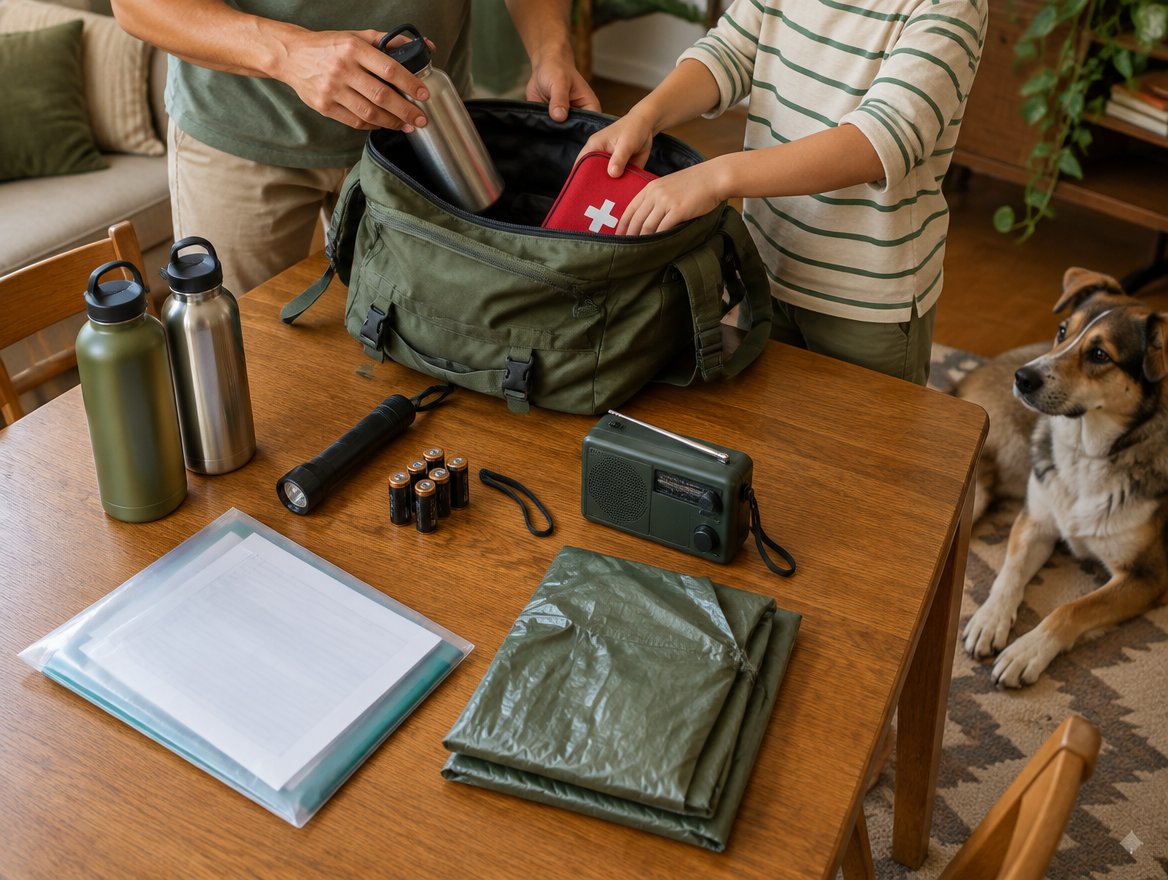 Mochila de emergência organizada sobre a mesa da família